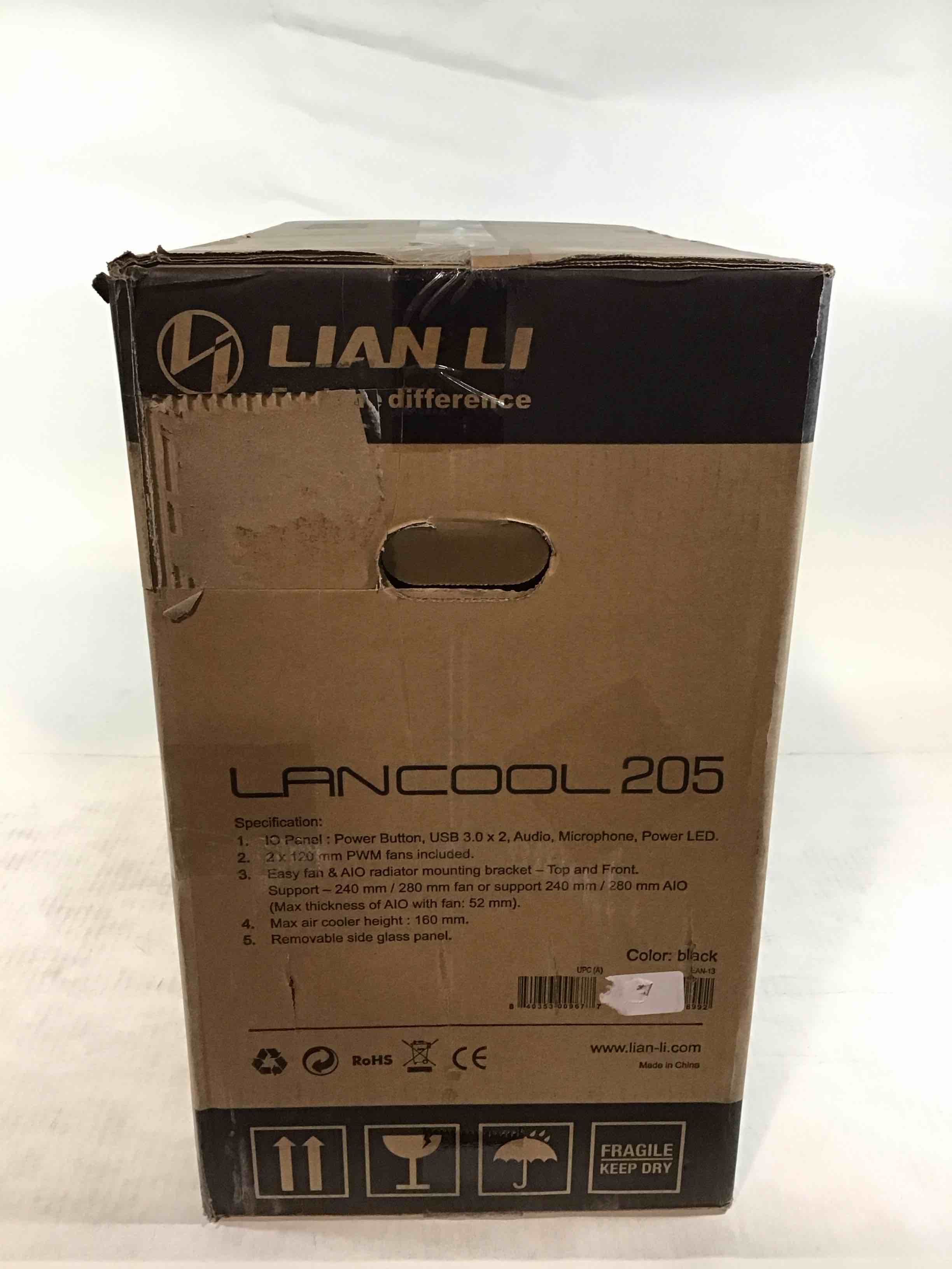 lian li mid-tower chassis atx computer case pc gaming case w/tempered glass side panel, magnetic dust filter,water-cooling ready, side ventilation and 2x120mm fan pre-installed (lancool 205, black)
