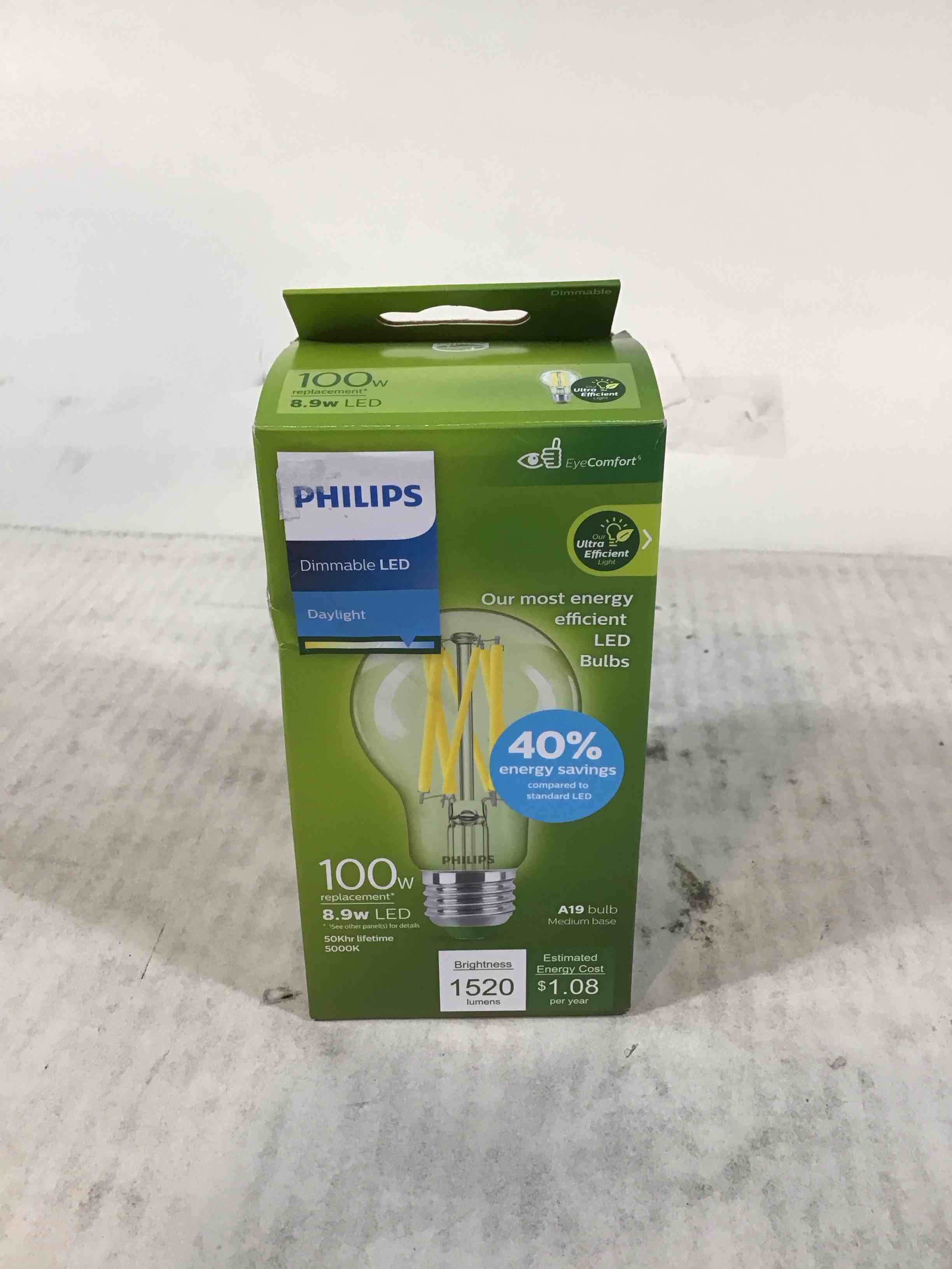 Condition photo showing Good Condition for philips ultra efficient a19 clear dimmable eyecomfort technology 800 lumen 5000k daylight t20 e26 base 100w equivalent 1pk