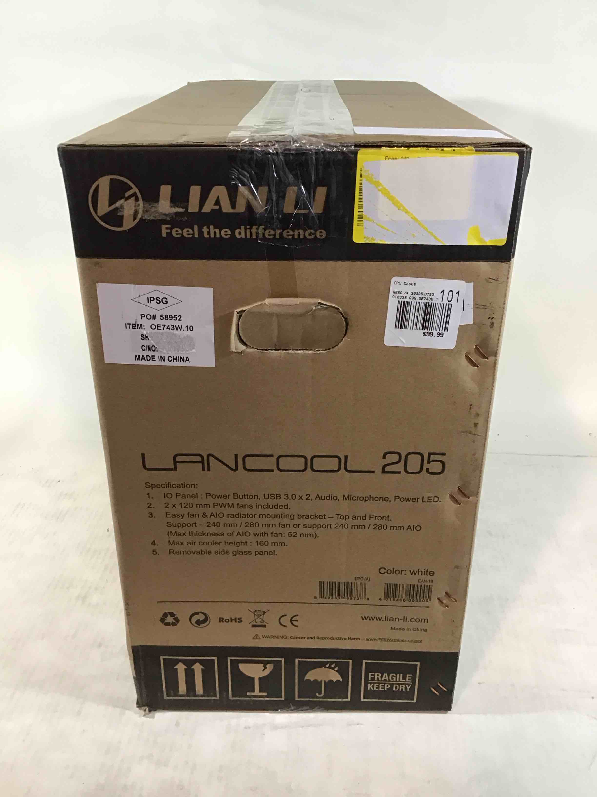 Condition photo showing As Is for lian li mid-tower chassis atx computer case pc gaming case w/tempered glass side panel, magnetic dust filter,water-cooling ready, side ventilation and 2x120mm fan pre-installed (lancool 205, white)