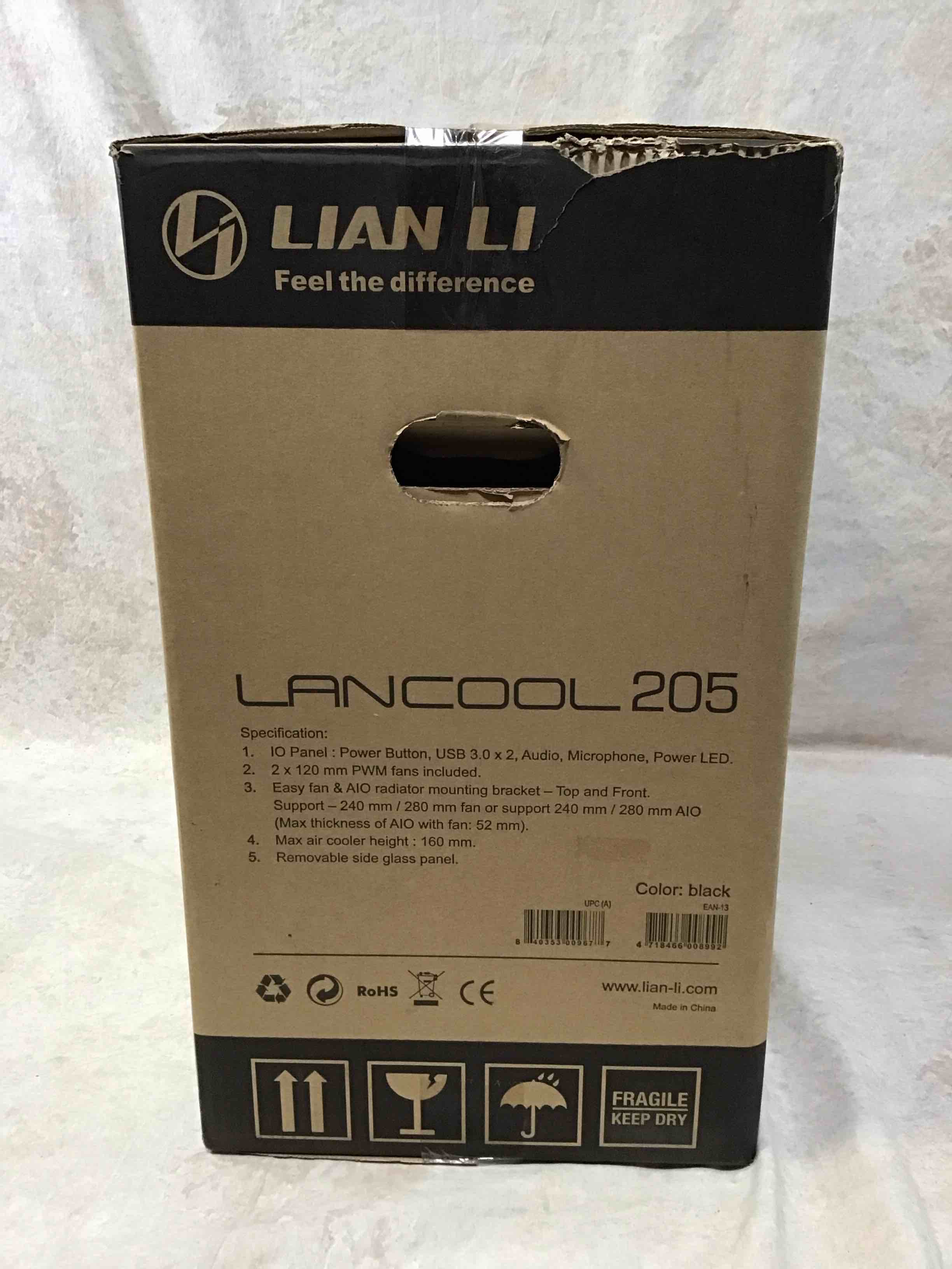 lian li mid-tower chassis atx computer case pc gaming case w/tempered glass side panel, magnetic dust filter,water-cooling ready, side ventilation and 2x120mm fan pre-installed (lancool 205, black)