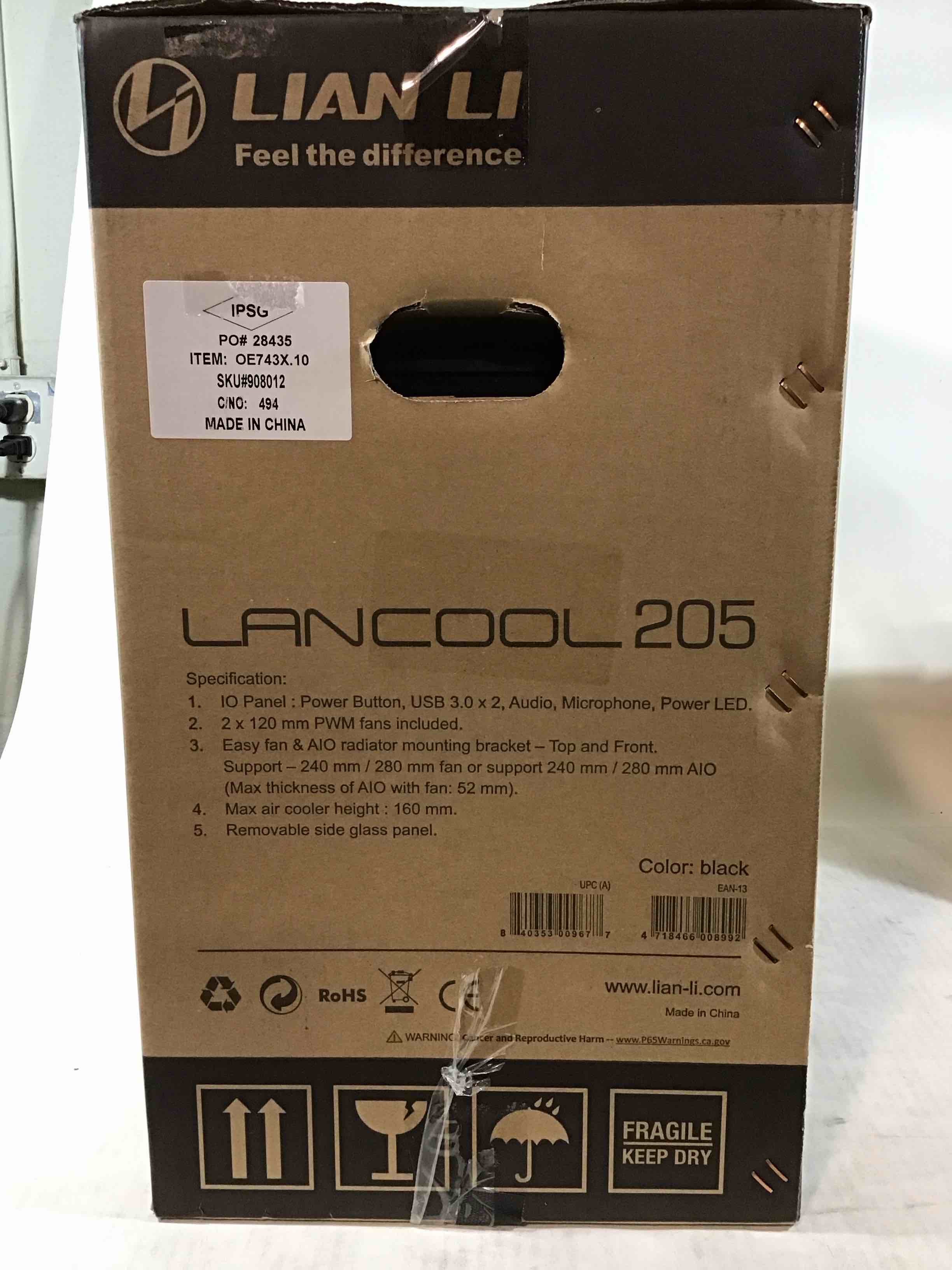 Condition photo showing As Is for lian li mid-tower chassis atx computer case pc gaming case w/tempered glass side panel, magnetic dust filter,water-cooling ready, side ventilation and 2x120mm fan pre-installed (lancool 205, black)