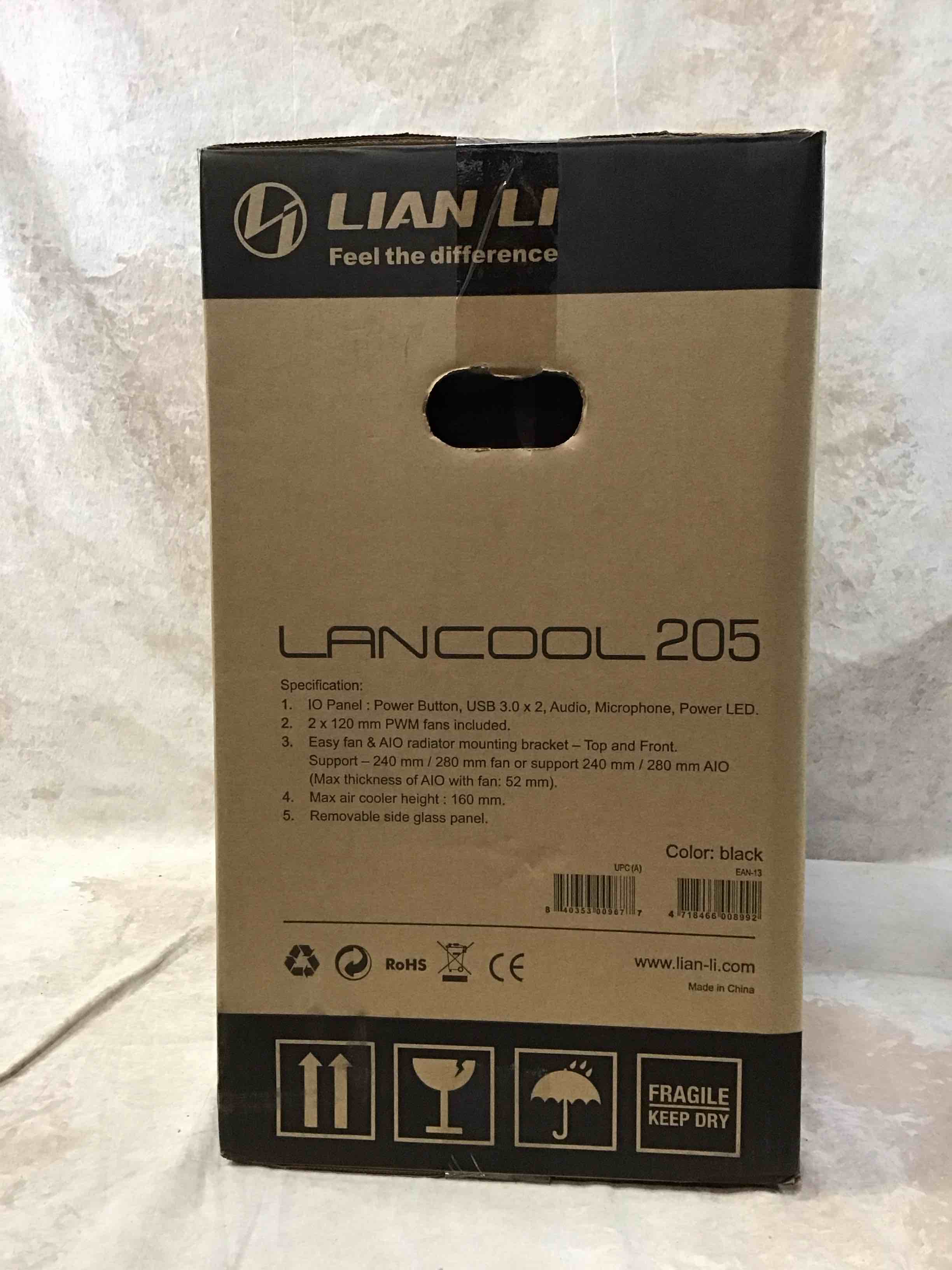 lian li mid-tower chassis atx computer case pc gaming case w/tempered glass side panel, magnetic dust filter,water-cooling ready, side ventilation and 2x120mm fan pre-installed (lancool 205, black)