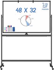 Large Rolling White Board Easel on Wheel, Maxtek 48x32 inches Double-Sided Mobile Whiteboard, Reversible Magnetic Dry Erase Board Easel Standing Whiteboard on Wheels for Home Office Classroom, Black