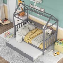 Twin Size House Bed with Trundle\ Fence-shaped Guardrail\ Gray(New) Gray Pine [US Stock]