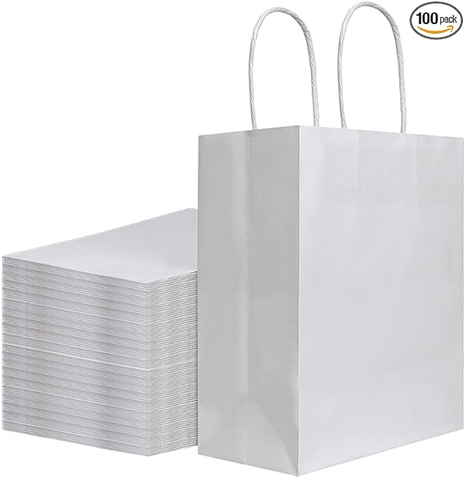 bagmad 250 PCs  8x4.75x10.5 inch Medium White Kraft Paper Bags with Handles Bulk, Gift Bags, Craft Grocery Shopping Retail Birthday Party Favors Wedding Sacks Restaurant Takeout