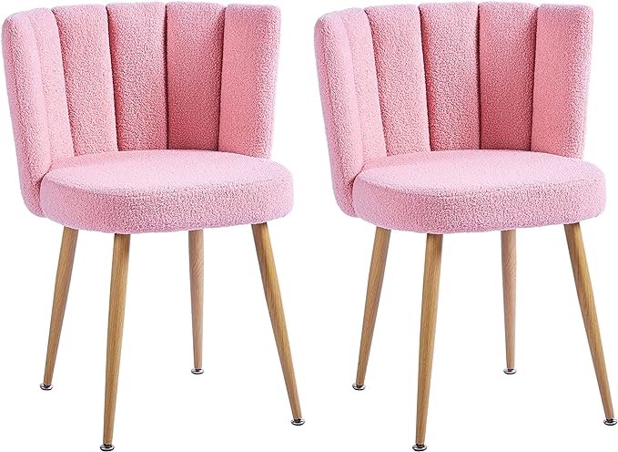 ATSNOW Pink Sherpa Accent Chairs Set of 2, Mid Century Modern Upholstered Side Chairs for Dining Room Living Room Bedroom Vanity