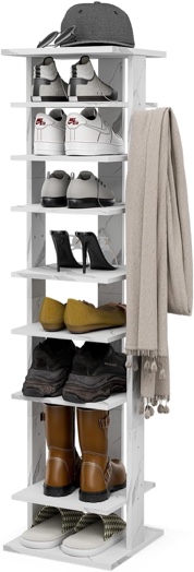 HMFOR Vertical Shoe Rack with Marble Textured, 9 Tier Shoe Rack Organizer with Hook, Narrow Shoe Rack, Space Saving Shoe Tower, Wooden Shoe Rack for Entryway, Bedroom, Living Room