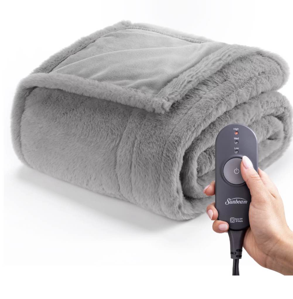 Sunbeam Grey Faux Fur Heated Electric Throw Blanket