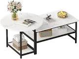 WOHOMO Nesting Coffee Table Set of 2, Small Round Side Table and Rectangular Coffee Table, 2 in 1 Industrial Modern Style Coffee Table for Living Room, Detachable 2 Pieces Set, White Marble