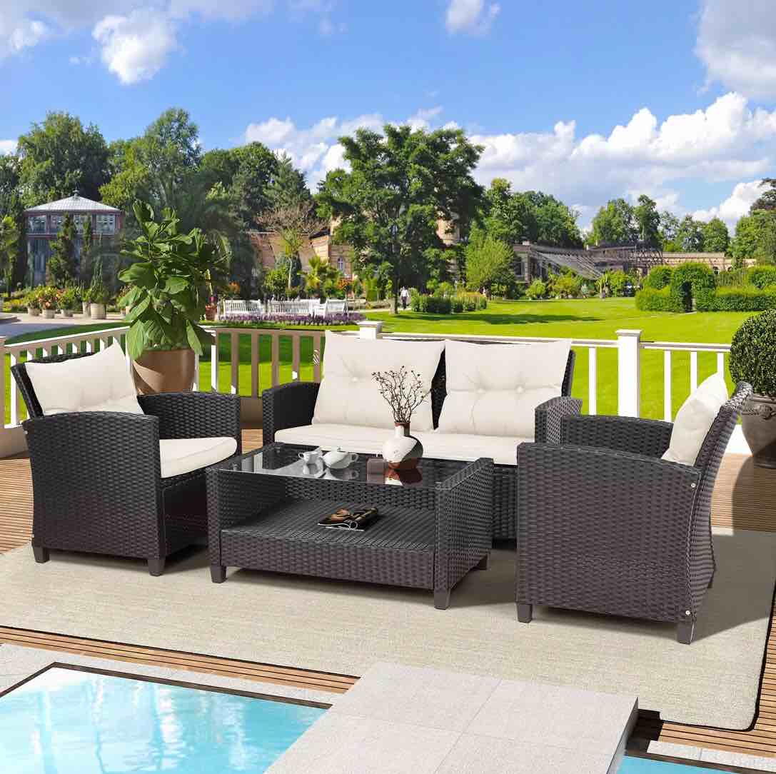 (Incomplete, Only 1 Box) Patio Furniture Rattan Patio Conversation Set of 4, Outdoor Garden Chair & Sofa Set with Cushions and Storage Glass Table for Garden Yard Patio Balcony (Black + Beige)