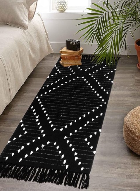 HAOCOO Boho Bathroom Runner Rug, Black Geometric Washable Woven Cotton Diamond Area Rug, Chic Moroccan Tribal Tassel Kitchen Rug,Throw Floor Mat Carpet Decorative for Living Room Bedroom