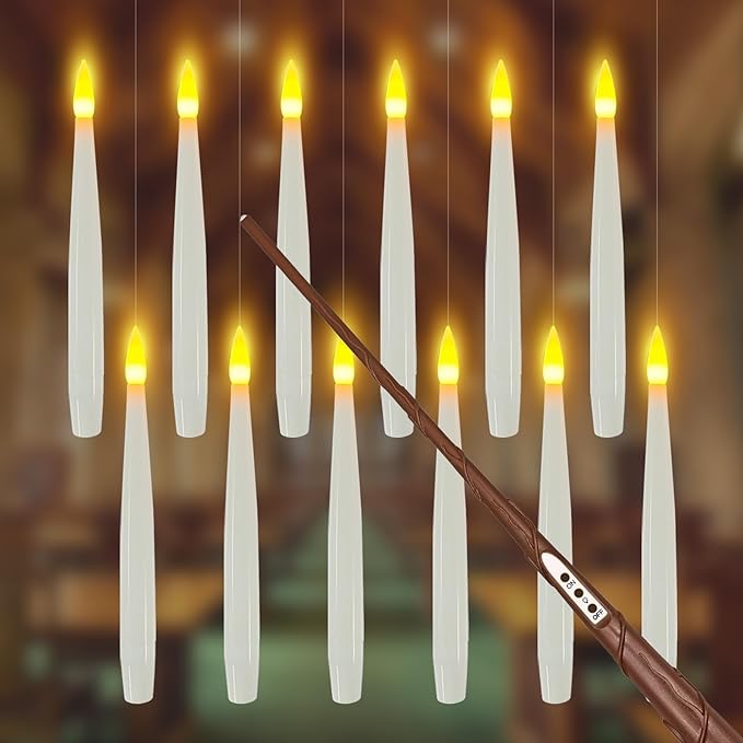 Floating Candles with Wand, 12 PCs Halloween Decorations Magic Hanging Candles, Flickering Warm Light Flameless Floating LED Candle with Wand Remote, Battery Operated Window Taper Candle Set for Decor
