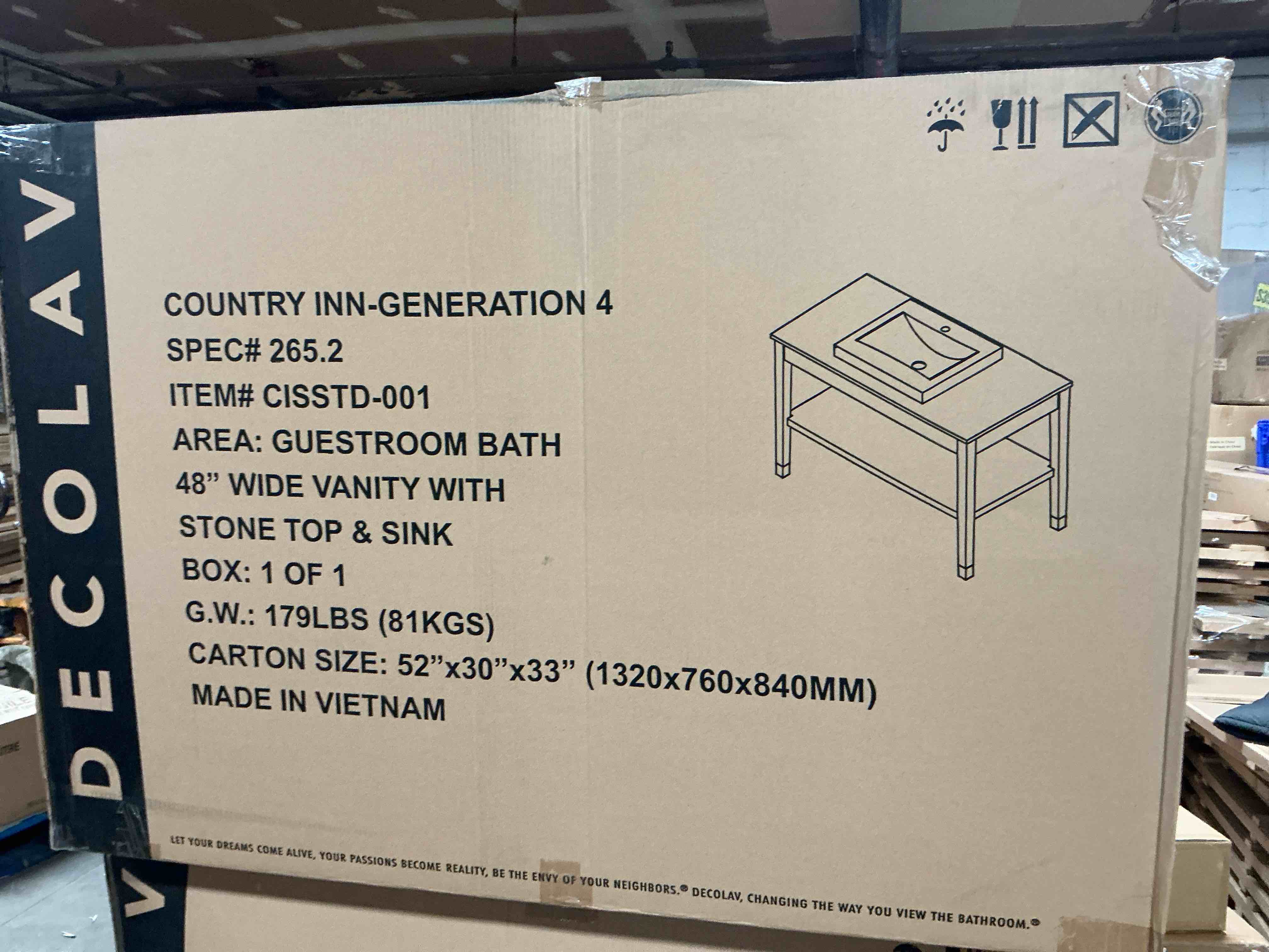 Decolav country inn generation 4 CSSITD-00148” wide vanity with stone top and sink 