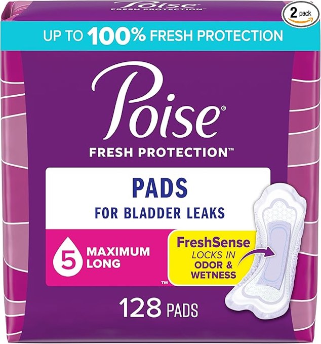 Poise Incontinence Pads & Postpartum Incontinence Pads, 5 Drop Maximum Absorbency, Long Length, 128 Count, Packaging May Vary
