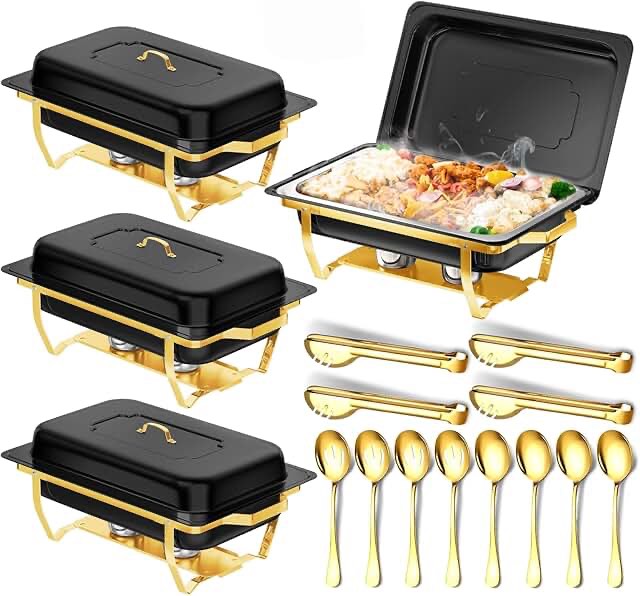 Chafing Dishes for Buffet, 8 Qt High Grade Chafing Dish Buffet Set, Rolled-Edge Design Food Warmers for Parties, Buffet, Wedding, Birthday, Camping 4 Pack 4 Pans [Black Gold]
