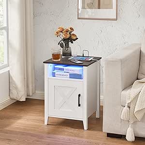 HOMSHO Nightstand with LED Strip Lights and Charging Station, Farmhouse Style End Table with Barn Door and Shelf,Bedside Table for Bedroom, Living Room,White and Brown