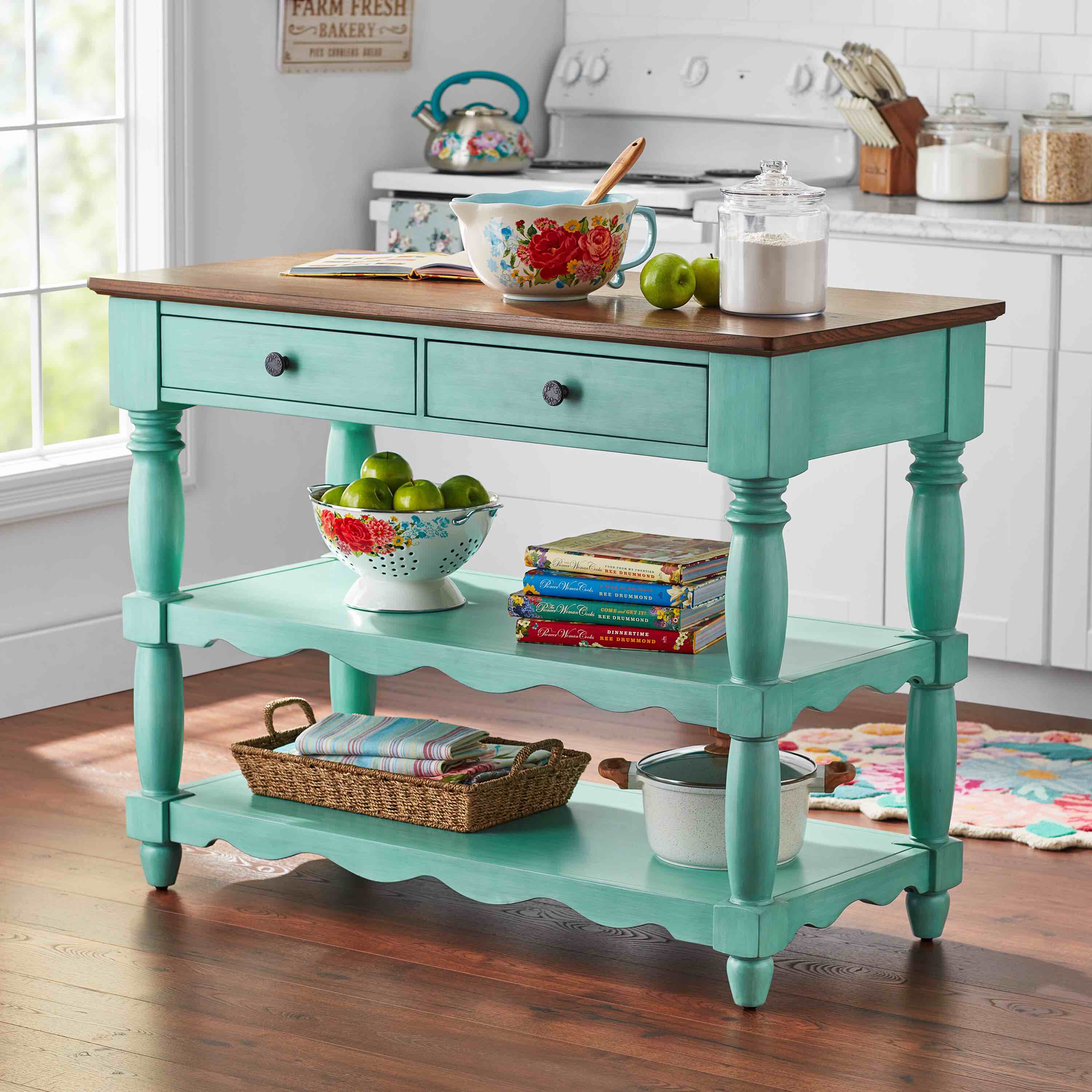 The Pioneer Woman Callie Kitchen Island Made With Solid Wood Frame, Teal ( incomplete )