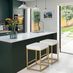 IF-158-WE New Set of 2 White Gold Bar Stools 24" Counter Height Backless Dining Stools with Metal Frame