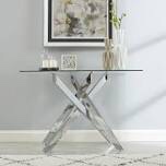 Modern Style Console Table Narrow Sofa Table with Tempered Glass Top and Metal Tubular Legs, 45" Lx18 Wx30 H, Silver