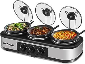 Triple Slow Cooker with Non-Skid Feet, 3×1.5 QT Slow Cooker Buffet Server, 3 Pots Food Warmer Adjustable Temp Lid Rests Stainless Steel Manual Silver for Parties Holidays Families