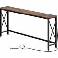 Rolanstar Console Table with Power Outlet, Narrow Sofa Table, 70" Farmhouse Table behind Sofa Couch Hallway Entrance for Living Room, Entryway, Foyer, with Metal Frame and Adjustable Feet,Rustic Brown