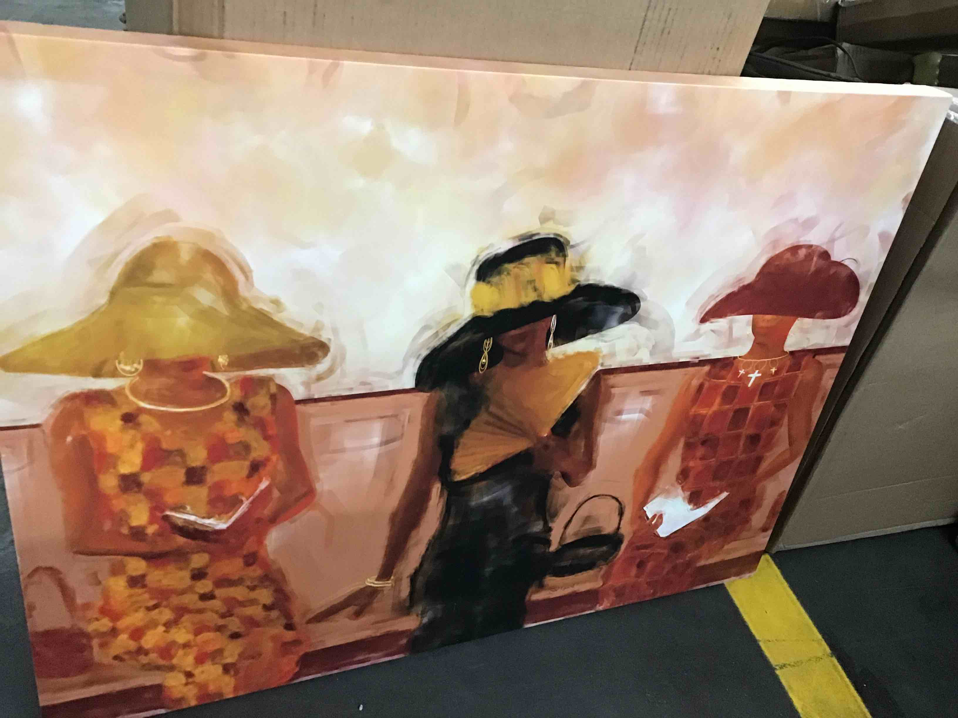 Wall painting of 3 women with hats like the old one