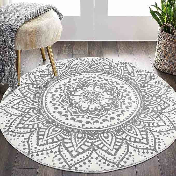 HEBE 5.2 Ft Round Area Rug Soft Chic Bohemian Mandala Machine Washable Non Slip Indoor Floor Mat Carpet for Living Room Sofa Bedroom Nursery Decor, Grey