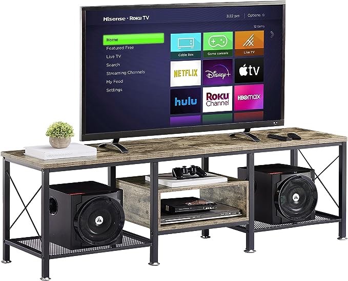 VECELO Industrial TV Stand for 70 Inch Television Cabinet 3-Tier Console with Open Storage Shelves, Entertainment Center Metal Frame for Living Room, Bedroom, 63 Inch, Grey Grey 63 Inch No Power Outlets