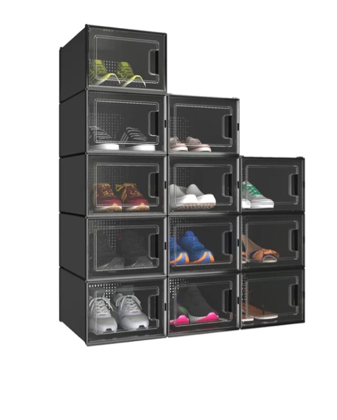 YITAHOME 12 Pack Stackable Shoe Storage Boxes Shoe Organizer for Closet Shoe Box Container, Black / Medium