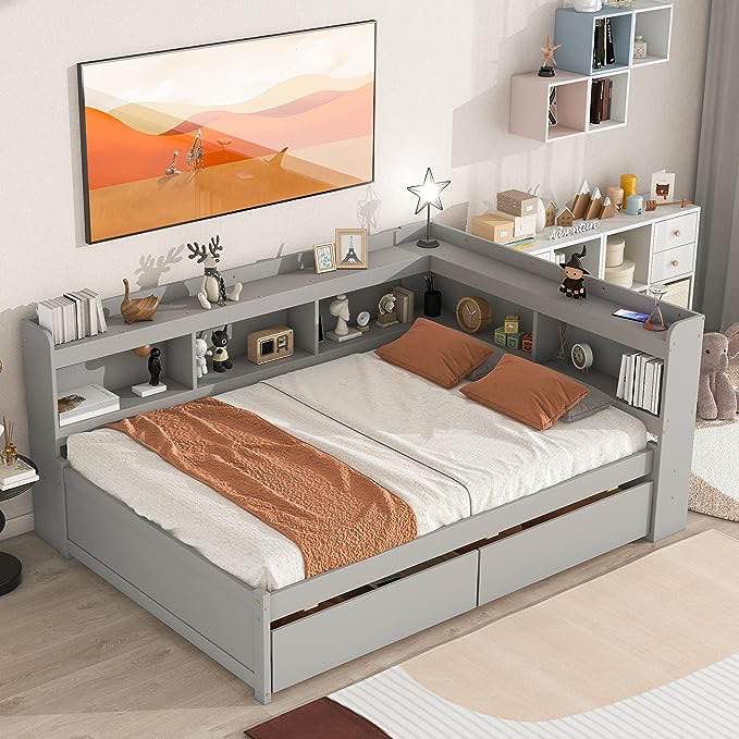 HomSof Full Bed with L-Shaped Bookcases, Drawers,Gray (Incomplete Box 1/2)