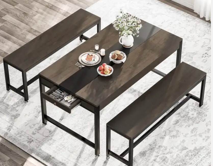 (incomplete) Tribesigns 63 Inch Kitchen Breakfast Lunch Dining Table with 2 Benches Sided Drawer
