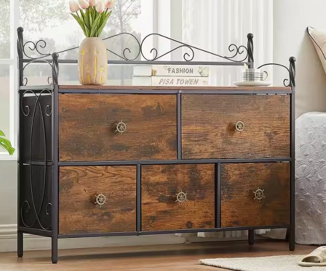 5-Drawer Dresser 11.8 in. W Chest of Drawers Nightstand with Wood Top Rustic Storage Tower Storage Dresser Closet, Brown