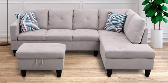 Starhome L Shaped Gray Couch with Storage Ottoman(Pillows Included) Microfiber