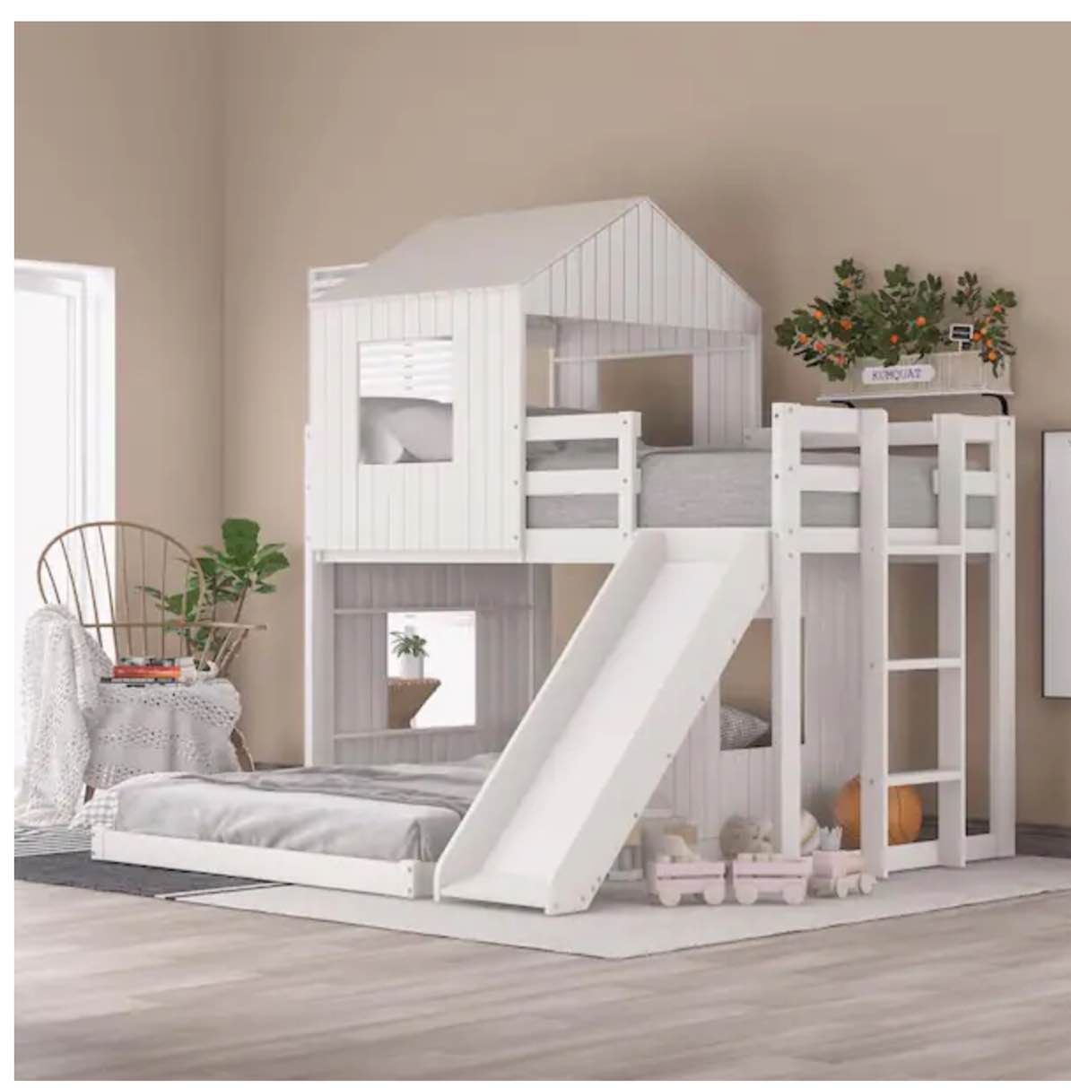 White Twin Over Full Bunk Bed, Loft Bed with Playhouse, Farmhouse, Ladder, Slide and Guardrails 