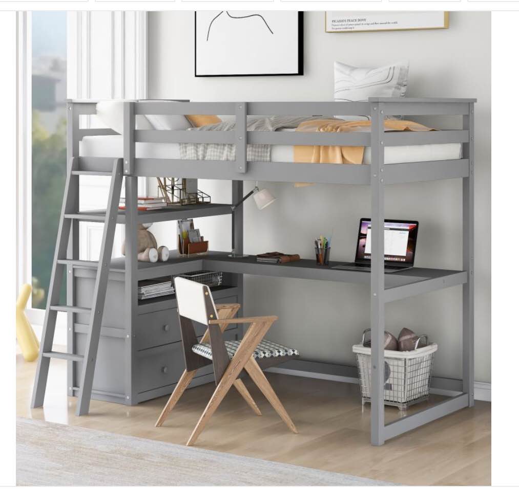 Twin Loft Bed w/ Desk & Shelves, 2 Built-In Drawers, Gray GX000423AAE (Incomplete box 1/2)