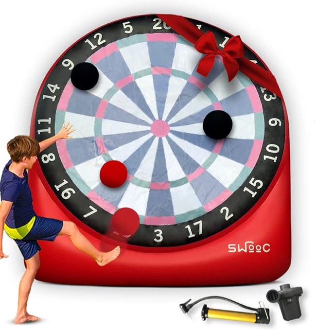 SWOOC Games - Giant Kick Darts (Over 6ft Tall) with Over 15 Games Included - Giant Inflatable Outdoor Dartboard with Soccer Balls, Air Pump & Score Card - Jumbo Foot Darts Game with Big Target