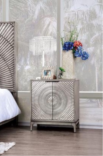 CM7521N Kamalah Collection Night Stand With Poly-Resin Design, Cut-Out Handles And Tapered Block Feet In Antique Gray