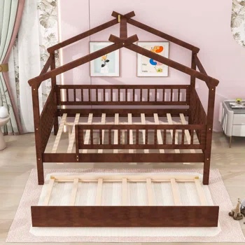 Wood House Bed with Twin Size Trundle and Slat Support *incomplete,box 2/2 only(