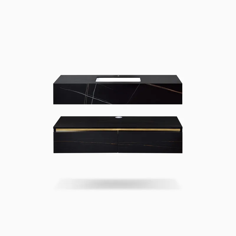 Émilie 48" Modern Marble Pattern Single Sink Bathroom Vanity with Floating Drawers, Black (incomplete 1 box only)