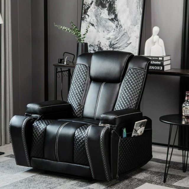 Colerline 37" Wide Modern Faux Leather Air Leather Hometheater Reclining Chair with Hide Cupholders and Arm Compartments, Black (incomplete 1 box only)