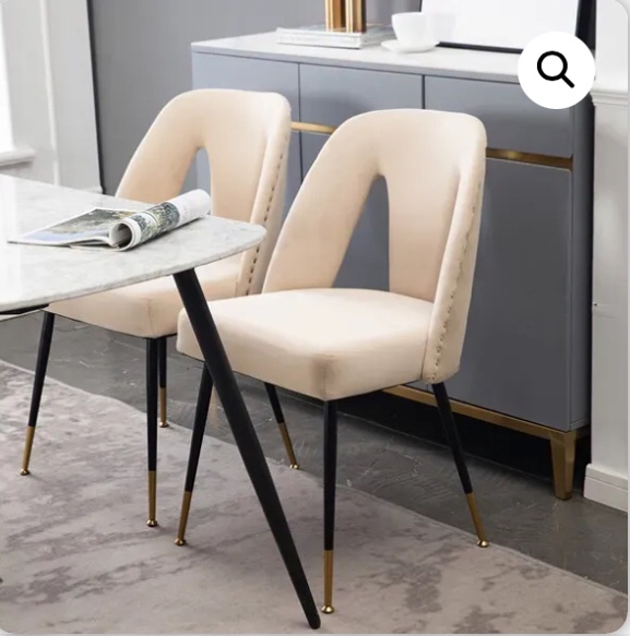 A&A Furniture Akoya Collection Modern Velvet Upholstered Dining Chair with Nailheads and Gold Tipped Black Metal Legs, Beige, Set of 2