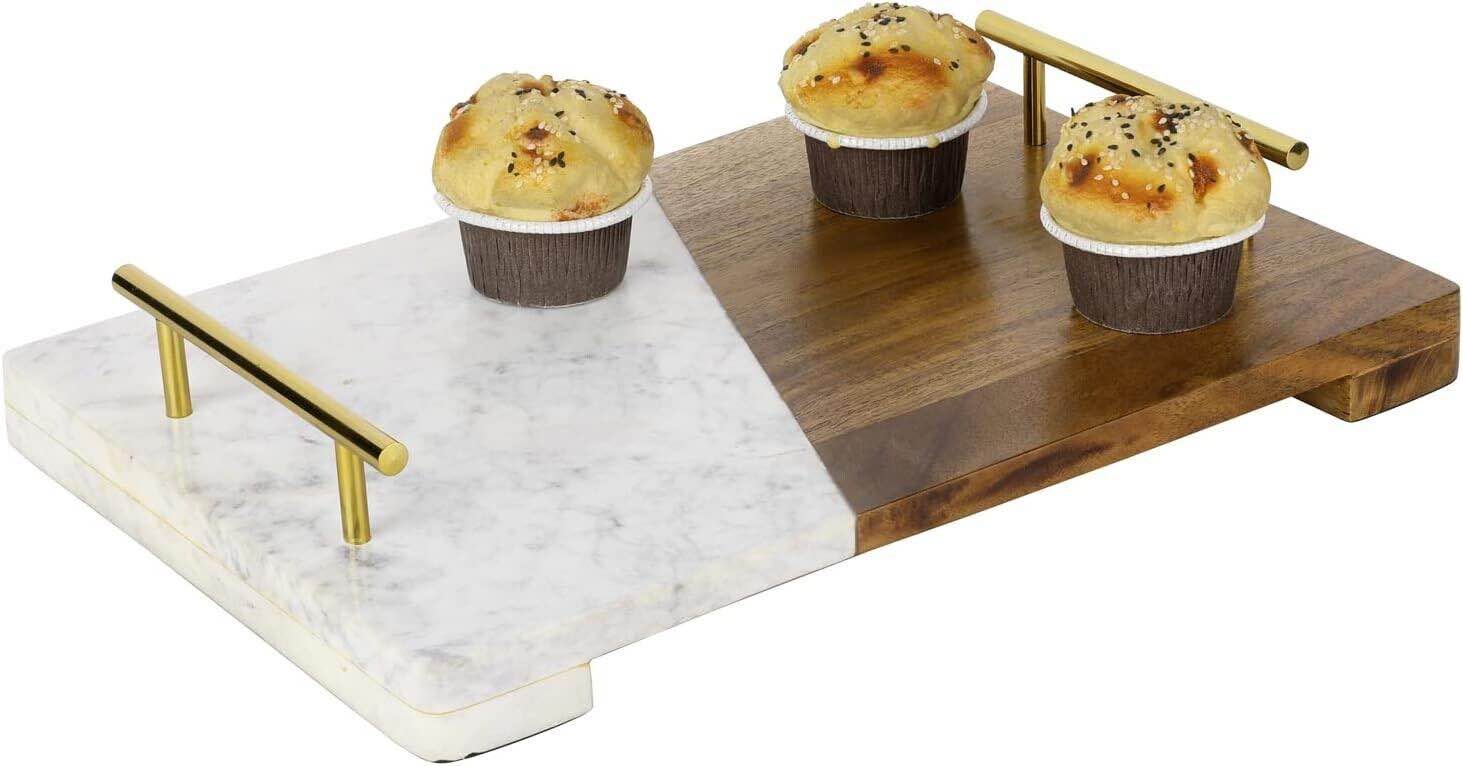 White Marble and Brown Wood Serving Tray, Decorative Rectangular Tray w/ Handles