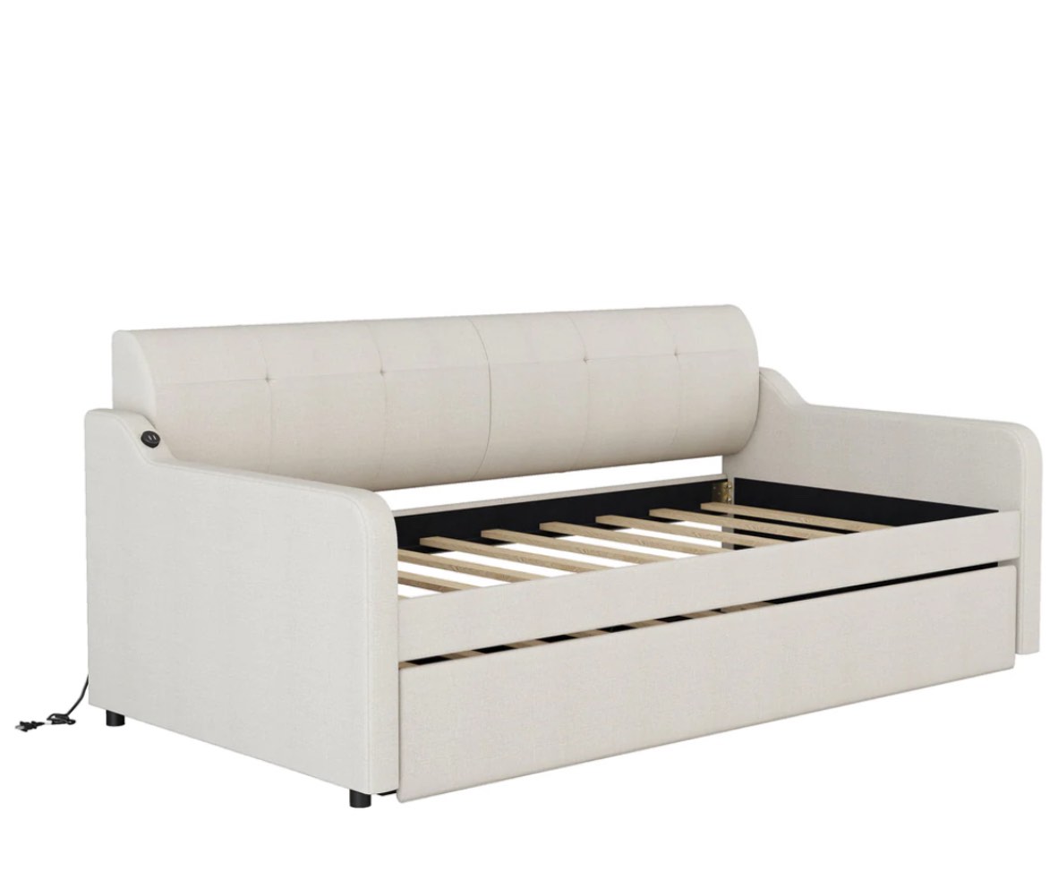 Twin Size Upholstery DayBed with Trundle and USB Charging Design (Incomplete Box 1/2)