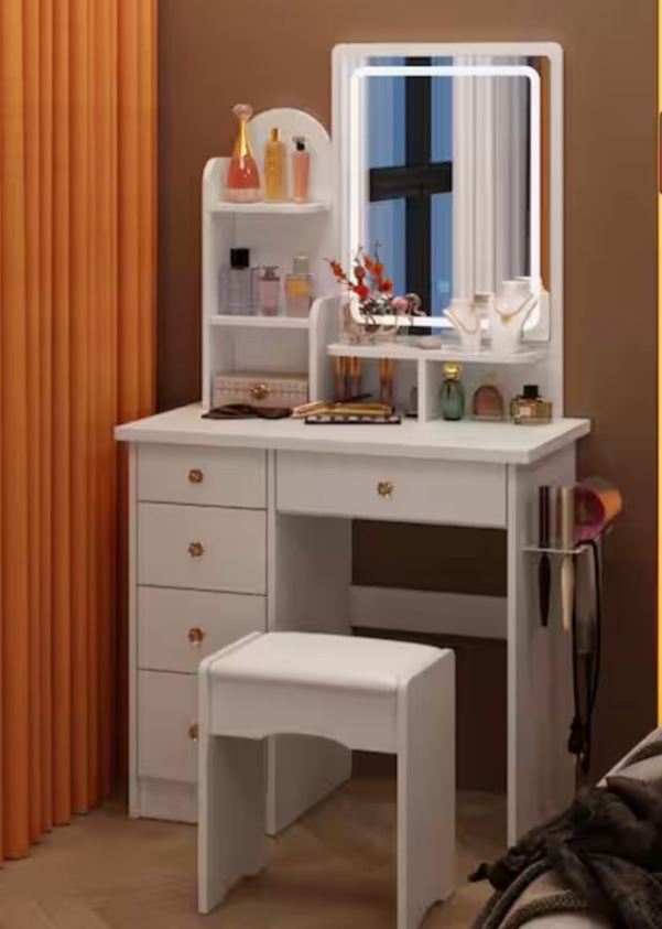 5-Drawers White Makeup Vanity Sets Dressing Table Sets With Stool, LED Lighted Mirror, Power Strip and Hair Dryer Holder(Incomplete)