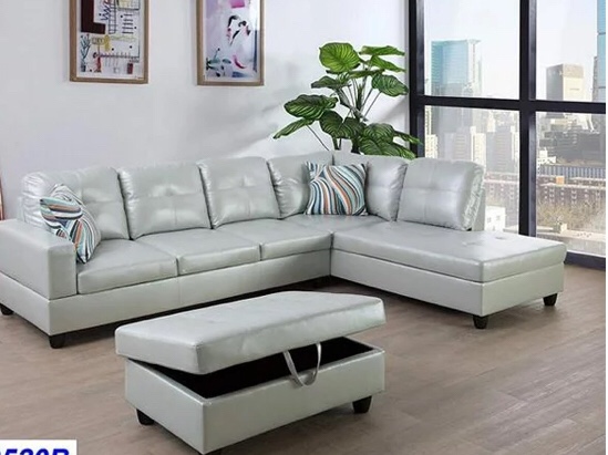 Lifestyle Furniture LSF09520B 3 Piece Right Facing Sectional Sofa Set with Ottoman, Faux Leather - Silver & Green(Incomplete Right ARM a chaise)