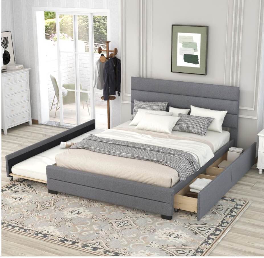 Queen Upholstered Platform Bed w/ Twin Trundle & 2 Drawers, Grey GX001313AAE FedEx/UPS( Incomplete box 1 of 2 )