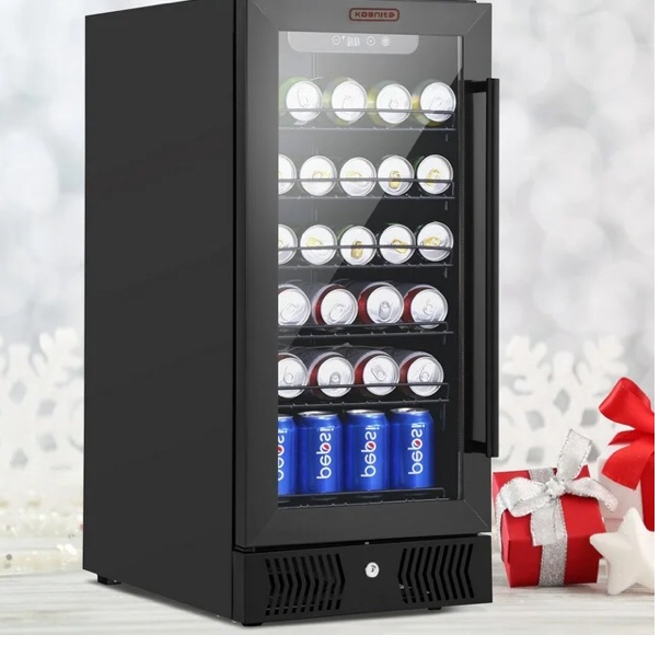 ognita 15 inch Beverage Refrigerator Cooler, 120 Cans Mini Fridge with Glass Door, Blue LED Lights, Touch Screen,Black