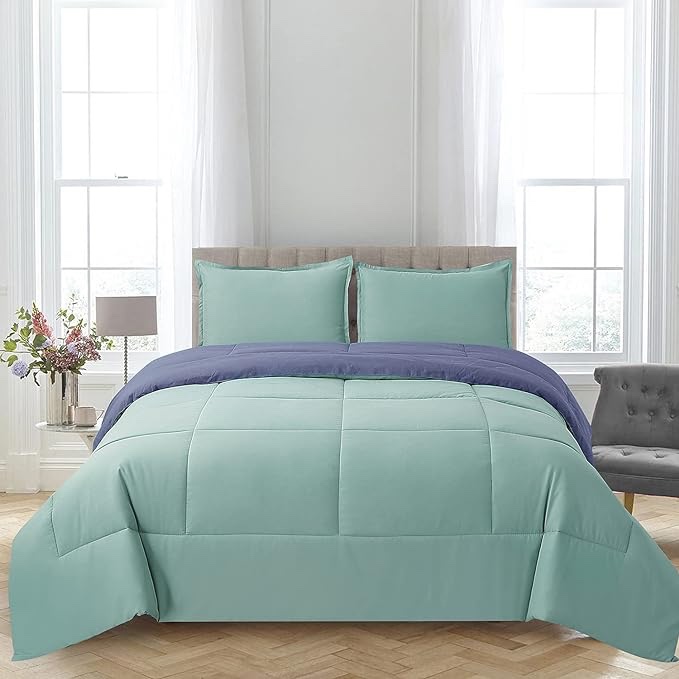 Shatex King Size Comforter Set 3 Piece Reversible Comforter Comforter King Size Ultra-Soft All Season Bedding Comforter Set Solid Color Light Blue Comforter with 2 Pillow Shams