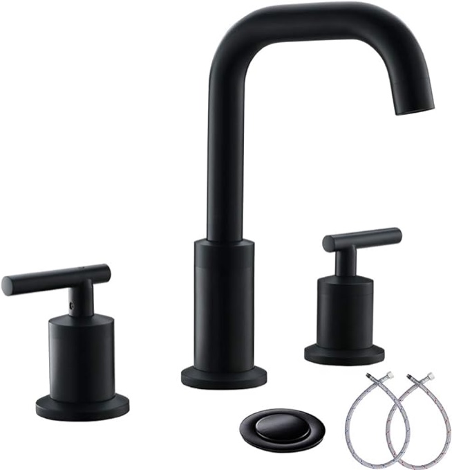 Phiestina Widespread 8 Inch 3 Holes 2 Handles Bathroom Sink Faucet with Full-Copper Pop Up Drain and Valve, Matte Black Finish,WF002-1-MB