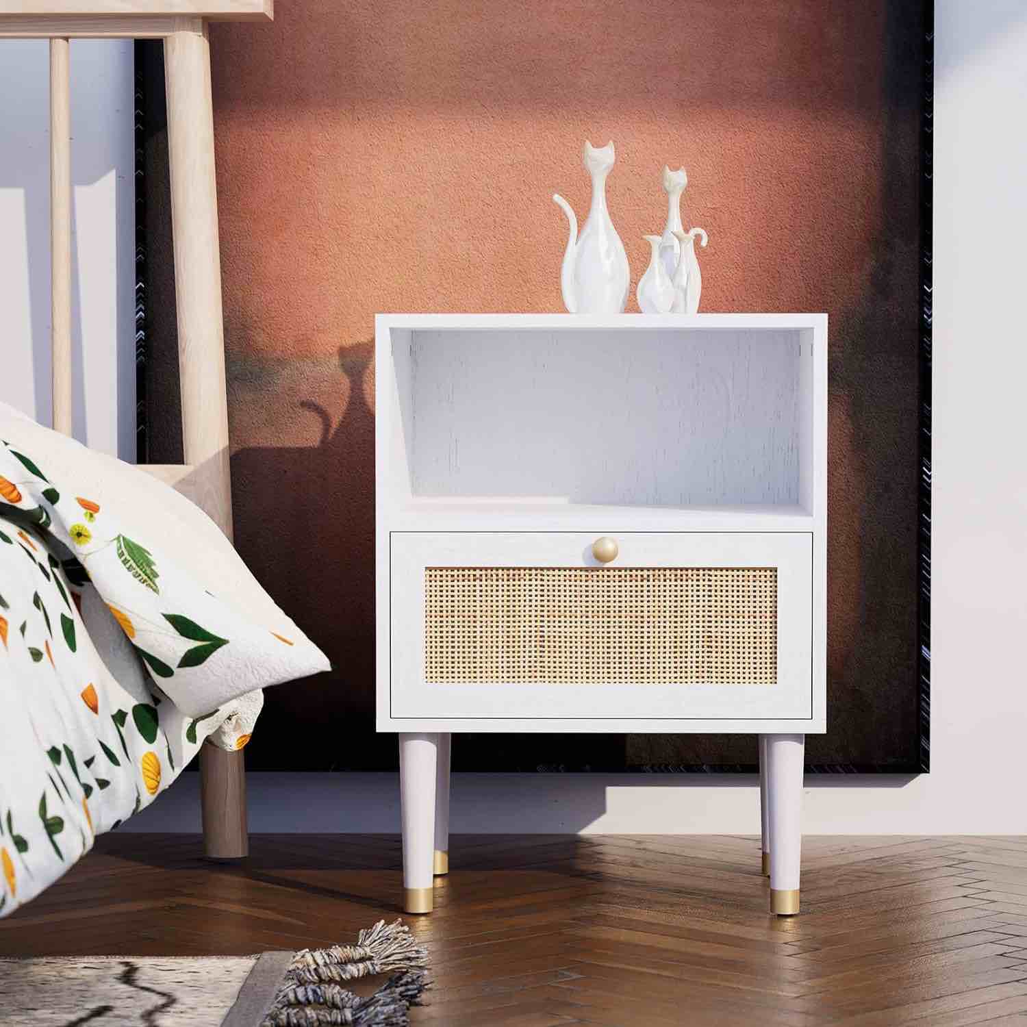 Oxendon White Nightstand with Natural Rattan Drawer and Storage Shelf, Side Table End Table Bedside Table Mid Century Modern Night Stand Accent Table for Bedroom Living Room and Small Spaces